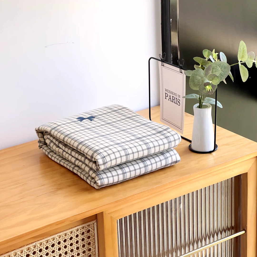 【京かわ会社】双层纱磨毛单双人被套 灰小格