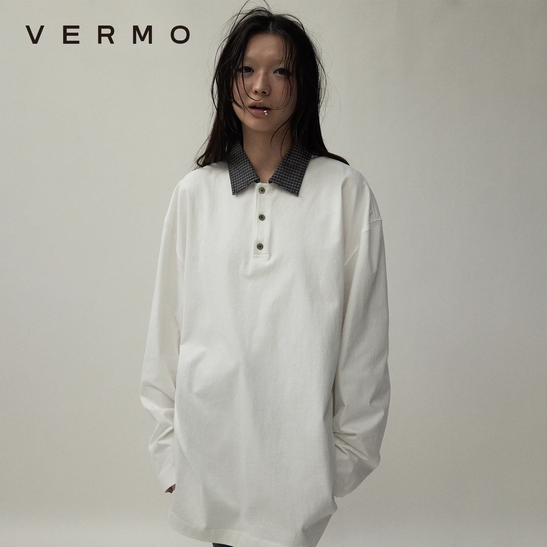 VERMO 柔软有型 立体裁剪肩型 拼接格纹POLO衫针织上衣7652