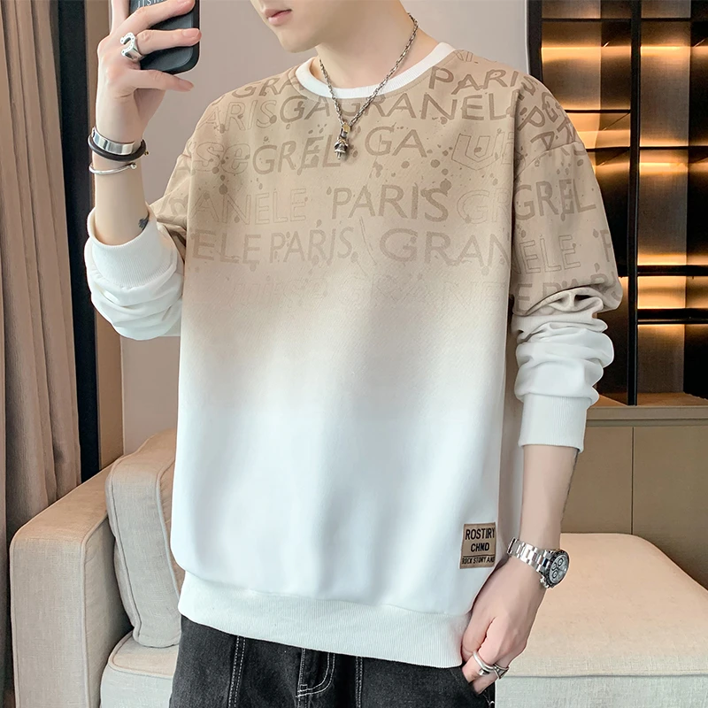 秋季男士大码卫衣休闲宽松重磅渐变时尚百搭港风青年圆领长袖上衣