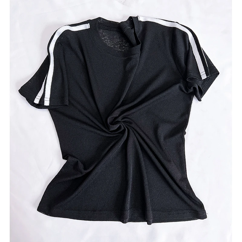凉感透气轻薄T 恤微透麻纱二条杠短袖显瘦百搭上衣
