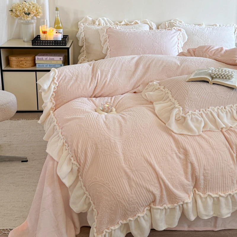 冬季轻奢法式公主风提花保暖牛奶绒花边四件套珊瑚绒少女心防静电