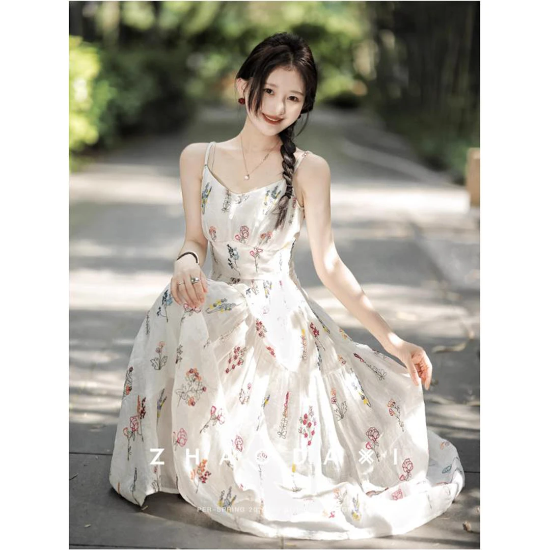 【赵大喜】现货！阿蒂仙系列-吊带裙 | 重工彩绣100麻 连衣裙