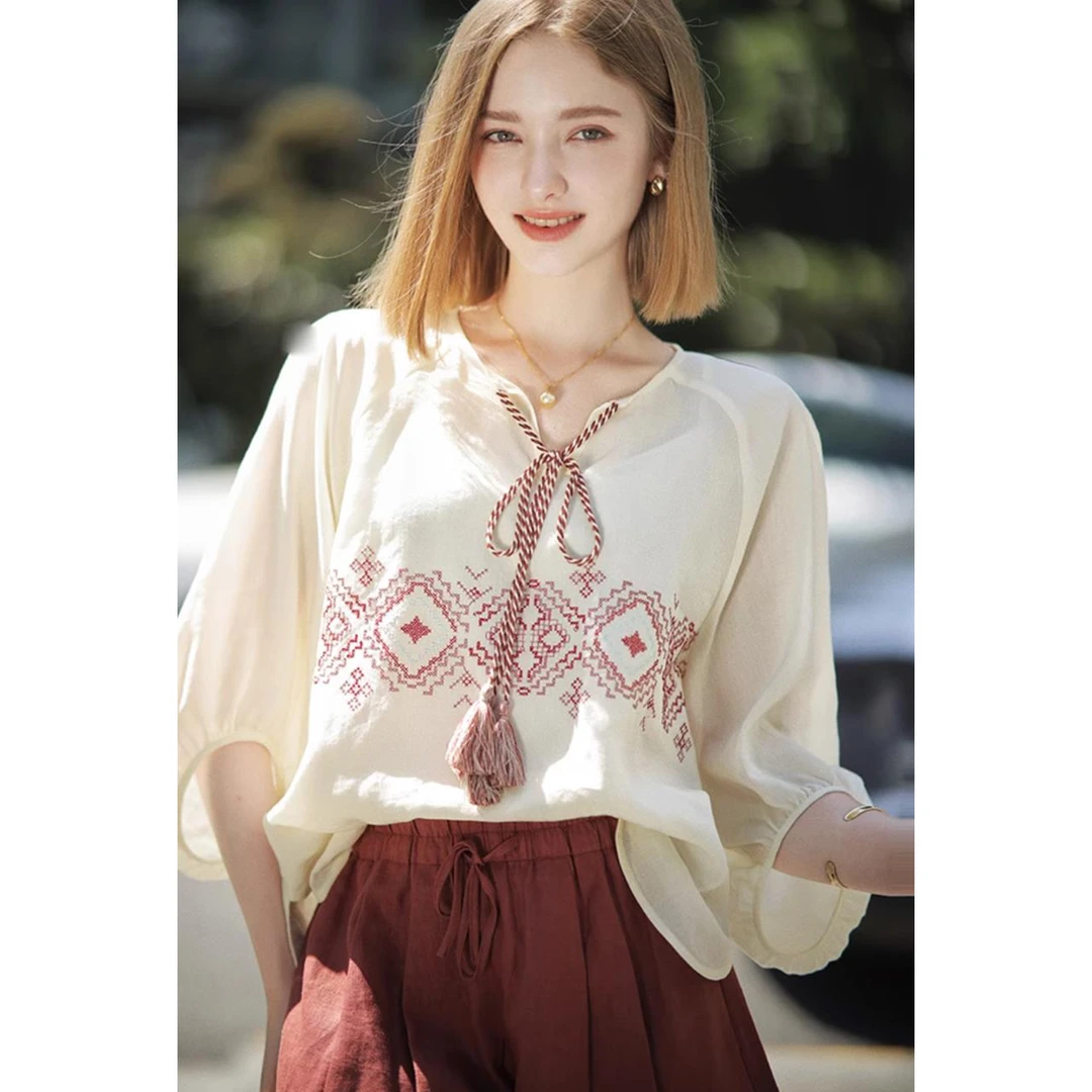 【赵大喜】现货！希.腊玫瑰-衬衫｜圆领小衫24新款刺绣民族风女