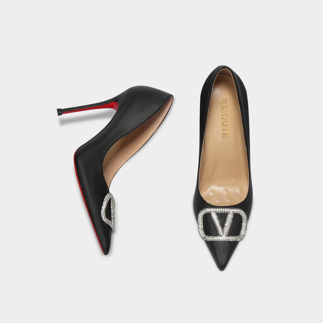 浅口高跟鞋女士红底V扣尖头单鞋气质舒适时尚百搭细跟黑色V钻鞋子