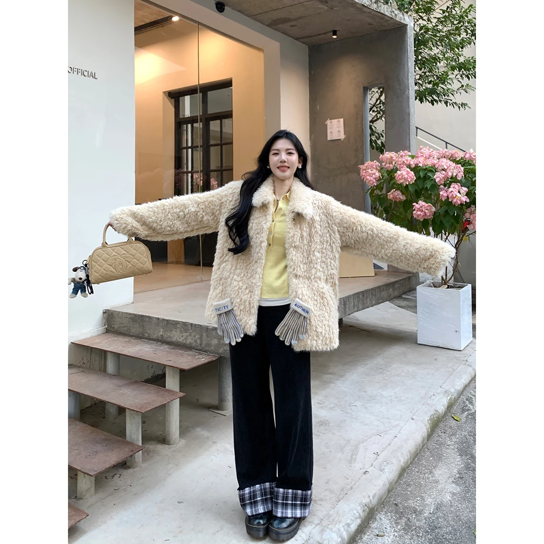 【冬日超模裤】多多2024秋冬新款灯芯绒复合加绒格子拼接长阔腿裤女