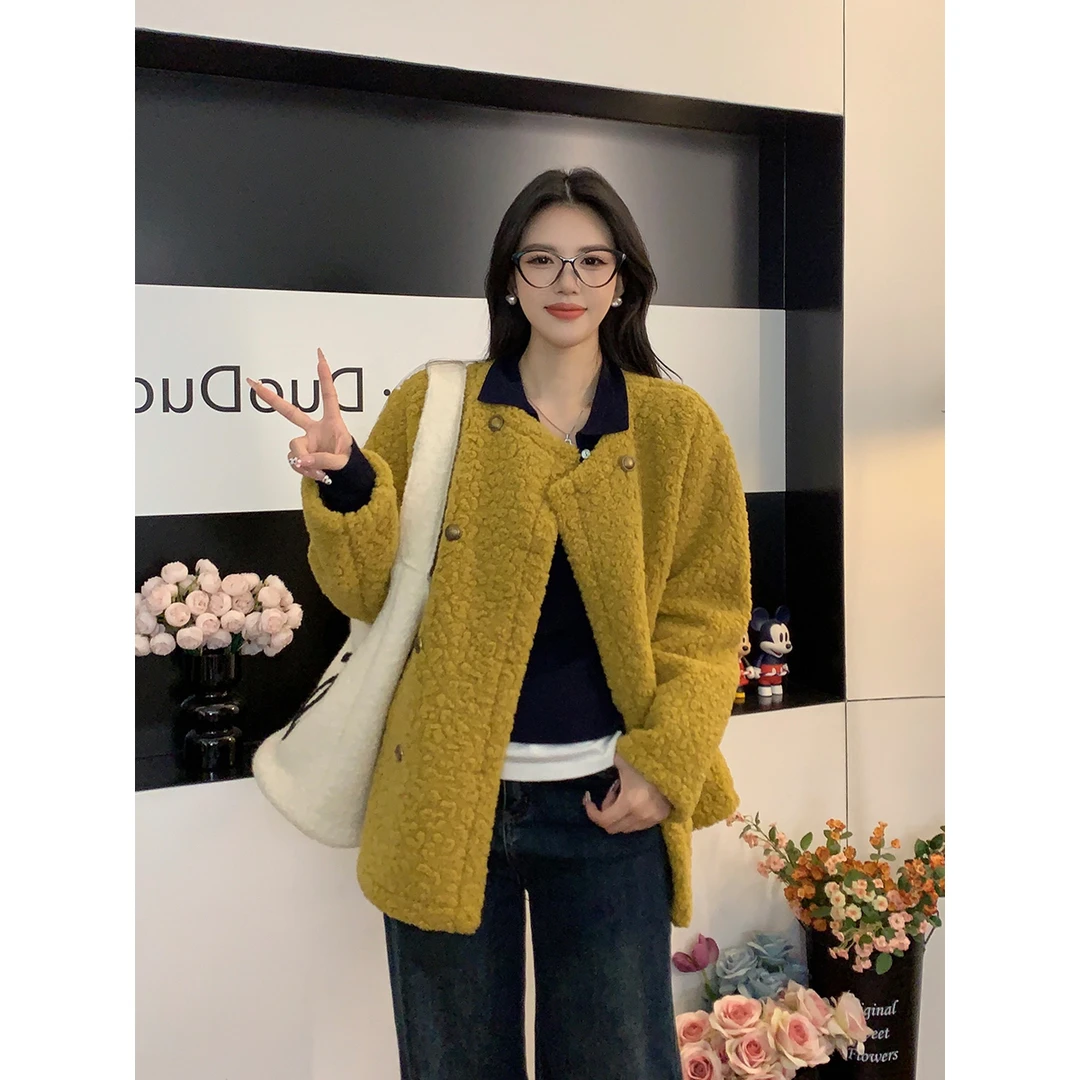 【南韩艺术】多多2024冬季新款韩版气质单排扣毛毛宽松长袖外套女