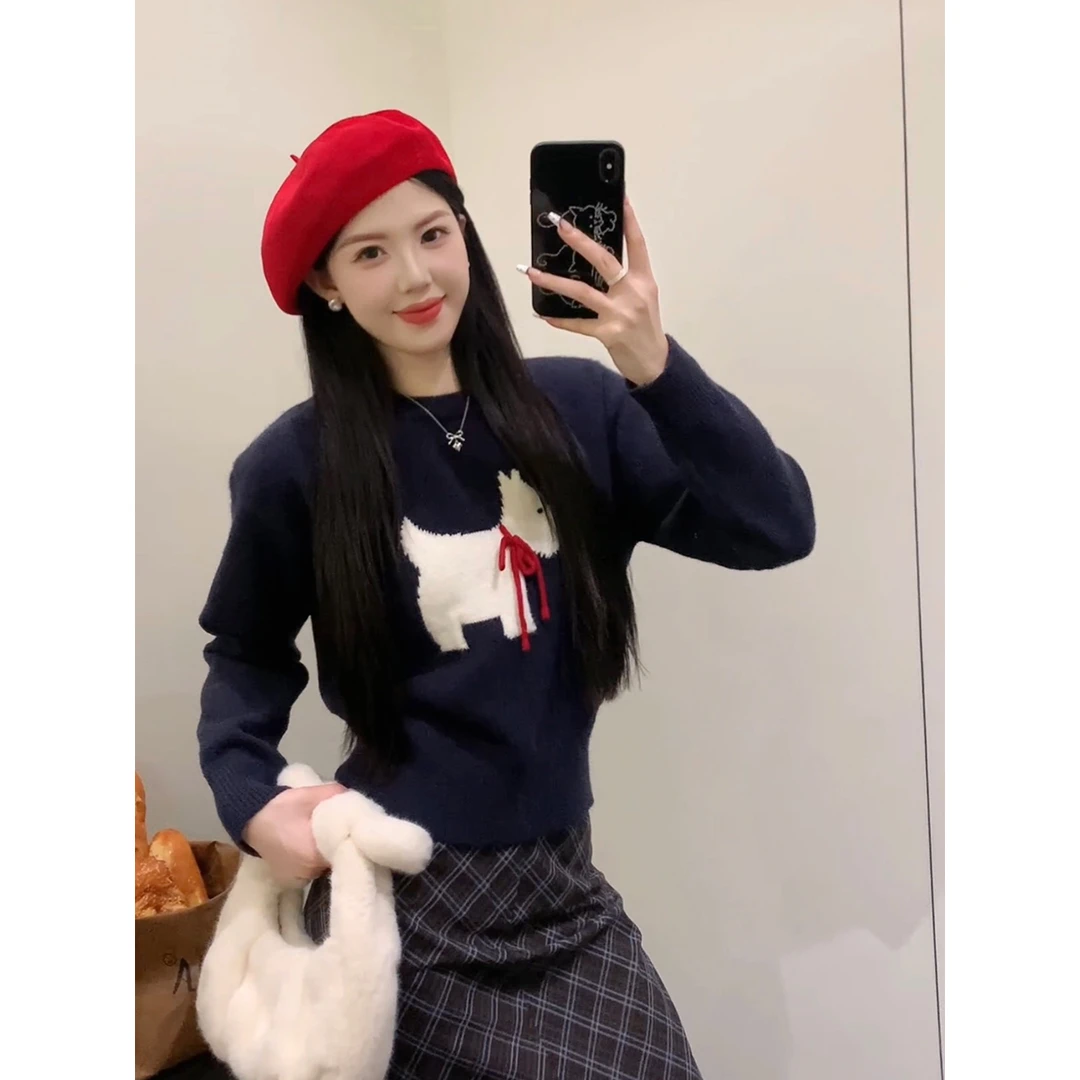 【甜辣小斗】多多2024秋季新款藏撞色围巾狗狗套头长袖圆领毛衣女