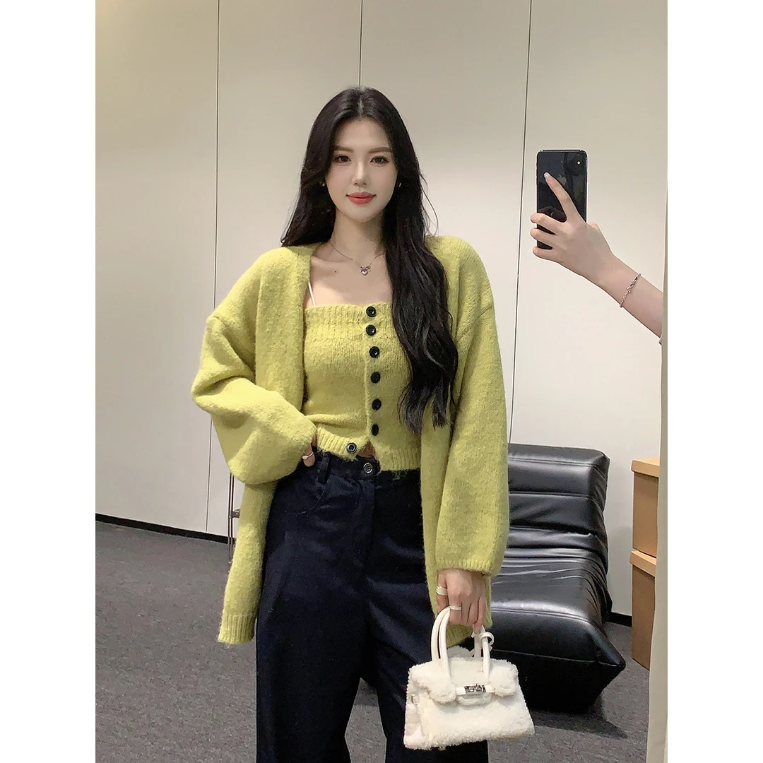 【南韩欧尼】多多2024秋冬新款抹胸+开衫慵懒风百搭时尚显瘦毛衣女