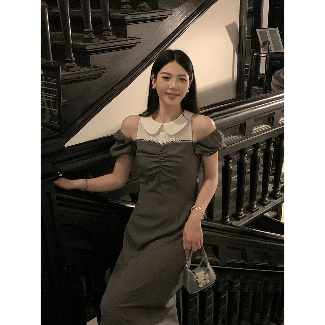 【梨泰院】多多2024夏季新款假两件法式小众翻领两穿泡泡袖气质女