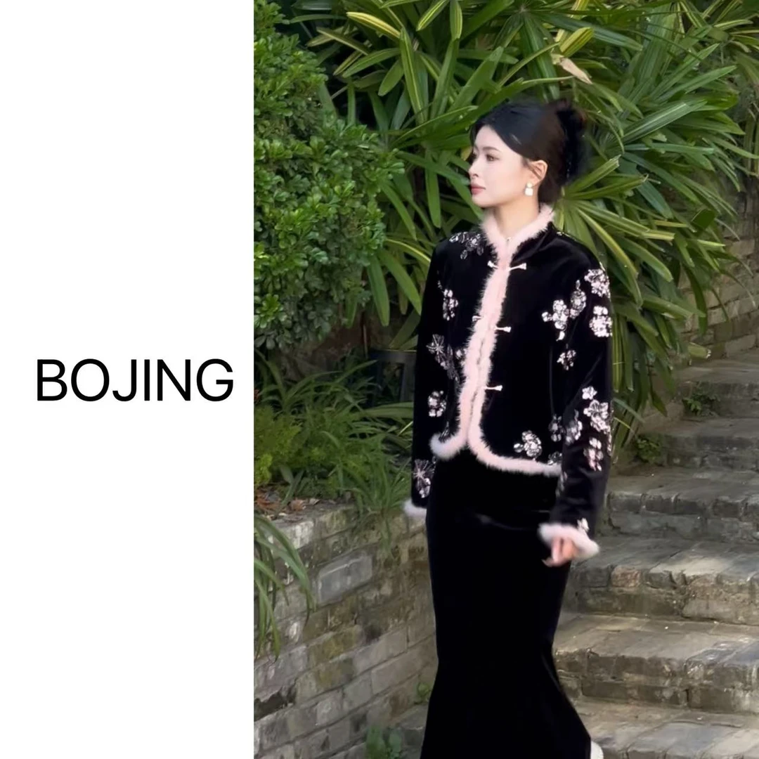 【朝朝暮暮】休闲百搭水貂毛人丝国风加厚上衣棉外套