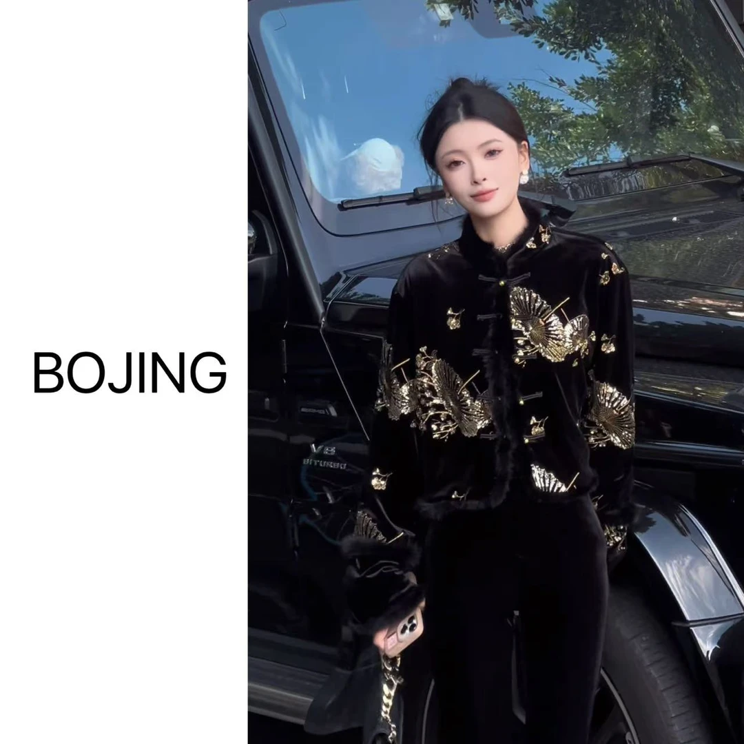 【小金伞】新中式显瘦气质网红时尚黑色重工上衣外套