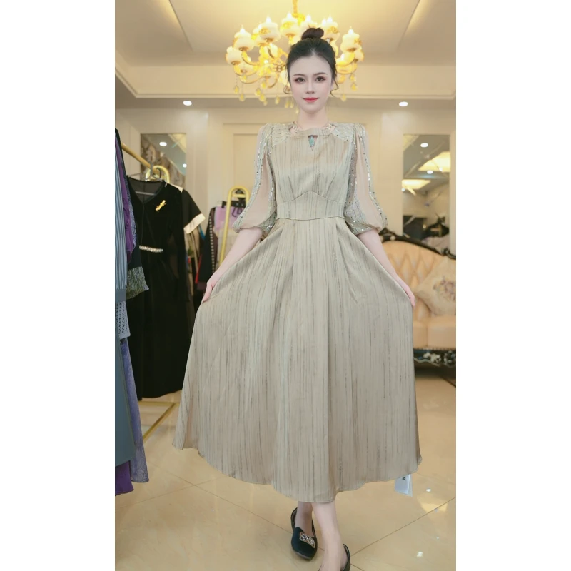 2024年秋季新款修身显瘦大码女装中长款通勤裙子杏色连衣裙8001