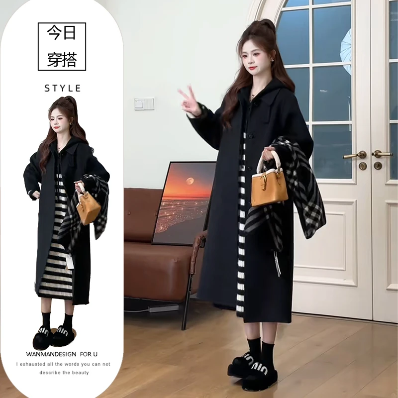 茶系穿搭一整套设计感宽松减龄连帽条纹连衣裙美式中长款呢子外套