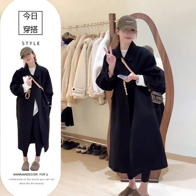 韩系设计感纯色翻领毛呢外套女2024秋冬季新款高级感宽松气质大衣
