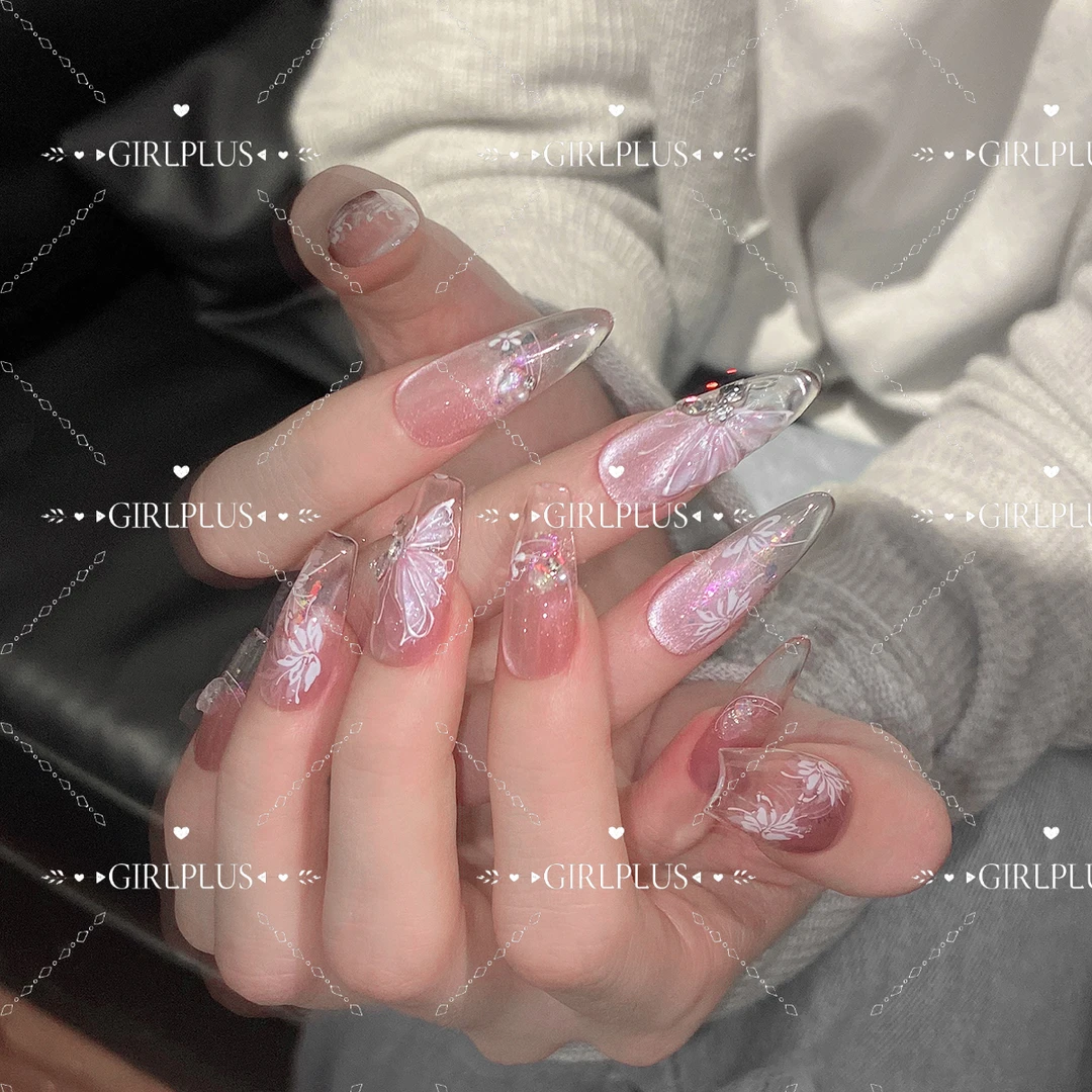 『冰封烁金蝴蝶』纯手工独特定制穿戴甲立体蝴蝶杏仁冰感长美甲贴片