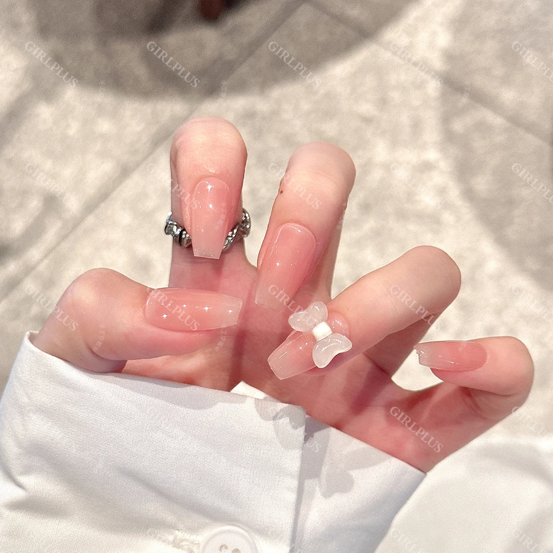 GIRLPLUS『糖果甜心』纯手工穿戴式美甲贴片裸粉色中长款简约学生党