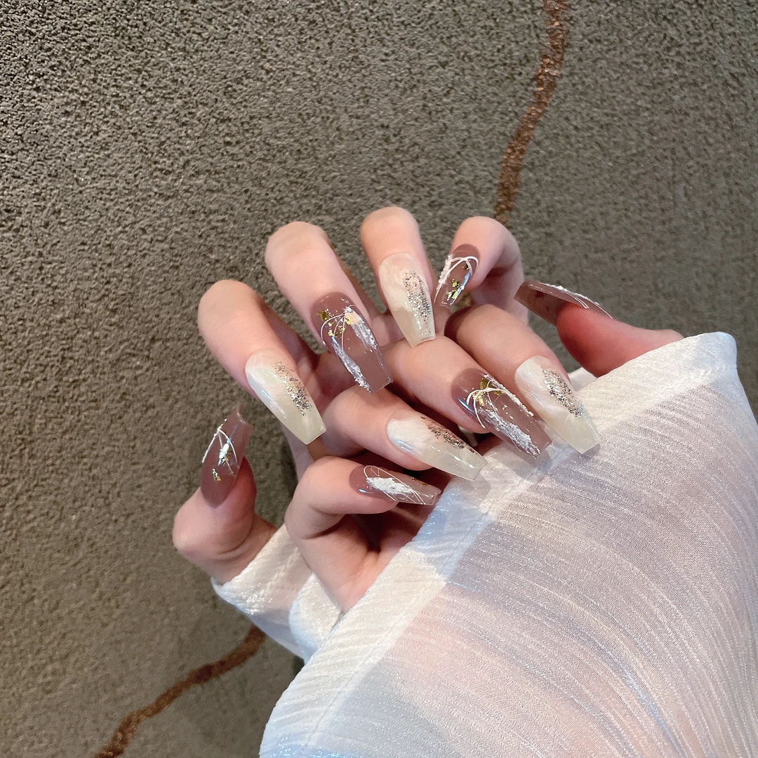 『复古流光』冬日推荐美拉德细闪高档中长款晕染纯手工穿戴美甲贴片