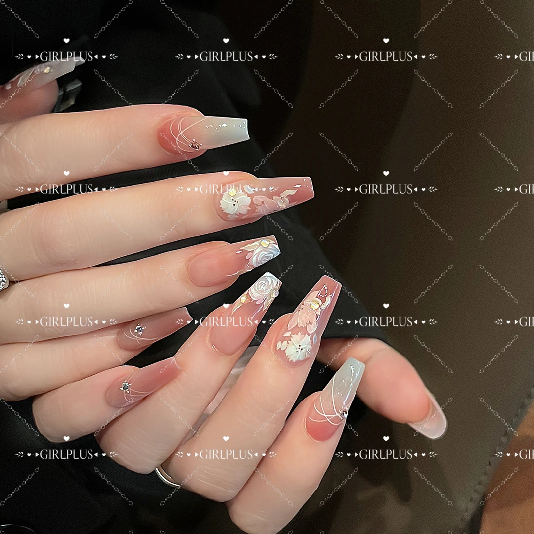 GIRLPLUS『如花似锦』ab春日花花纯手工穿戴甲温柔仙女显白长款美甲