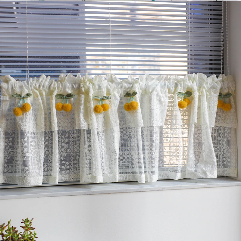 免打孔简约白色蕾丝纱帘魔术贴遮丑帘厨房小窗帘短帘半帘咖啡帘
