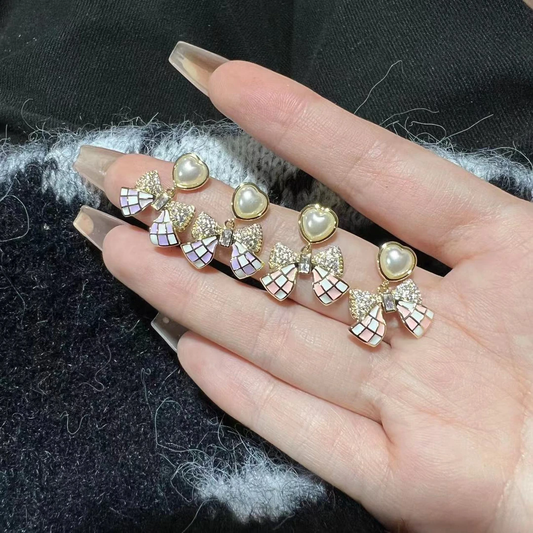 铜合金耳饰 「棋盘蝴蝶结」紫色粉色两色蝴蝶结耳钉棋盘格耳环秋冬