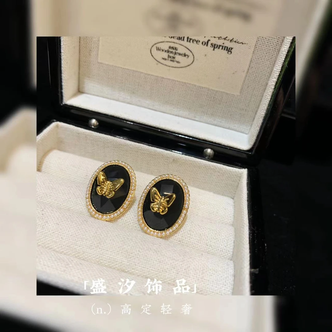 铜合金耳饰 「B27」宫廷复古风耳环精致款蝴蝶耳钉黑色