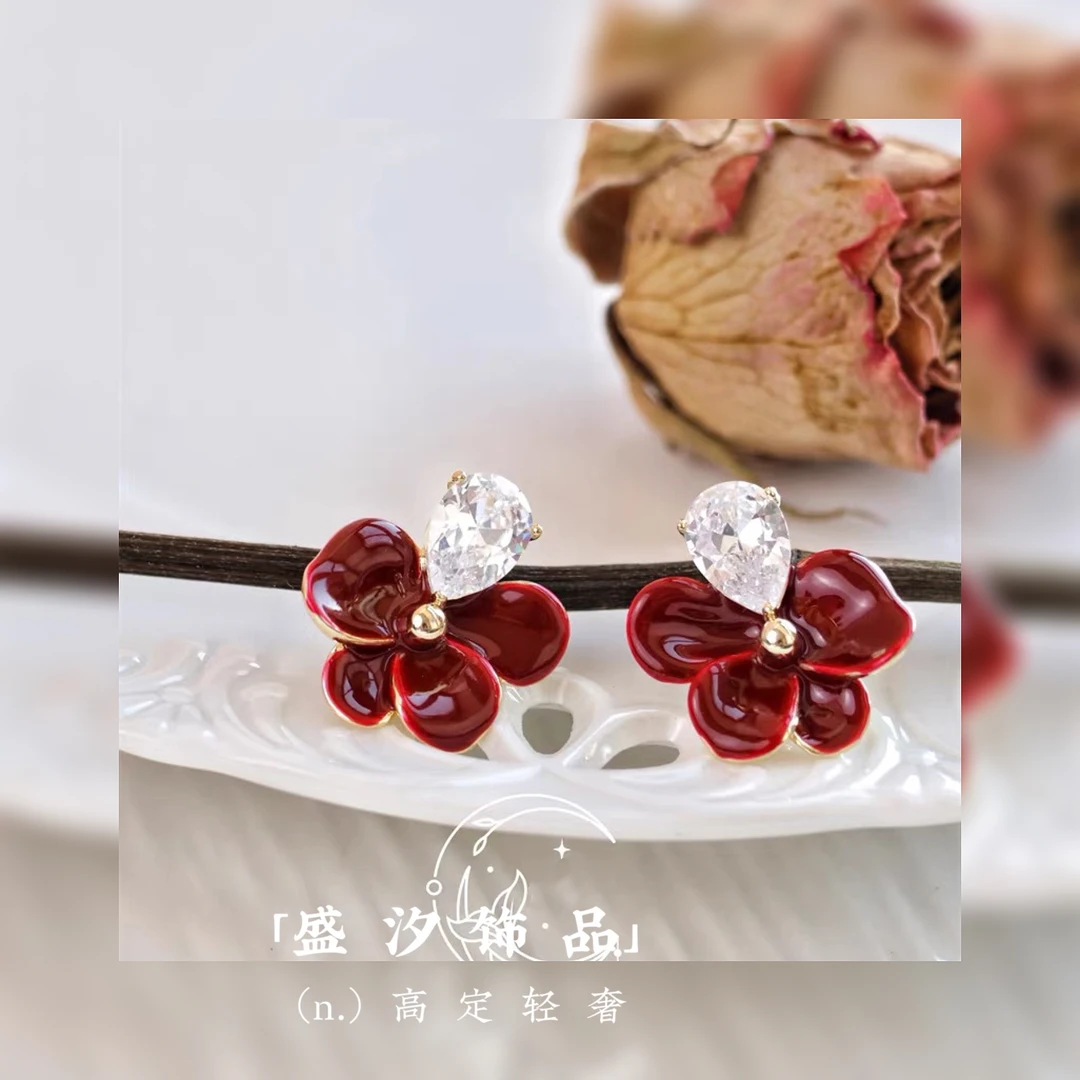 铜合金耳饰 「蔷花红莲」巨显白酒红色耳环