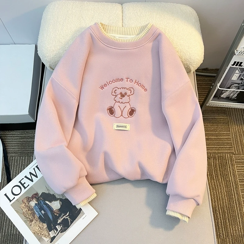 女童卫衣秋冬2024新款假两件拼接衣服冬款刺绣卡通女大童加绒上衣