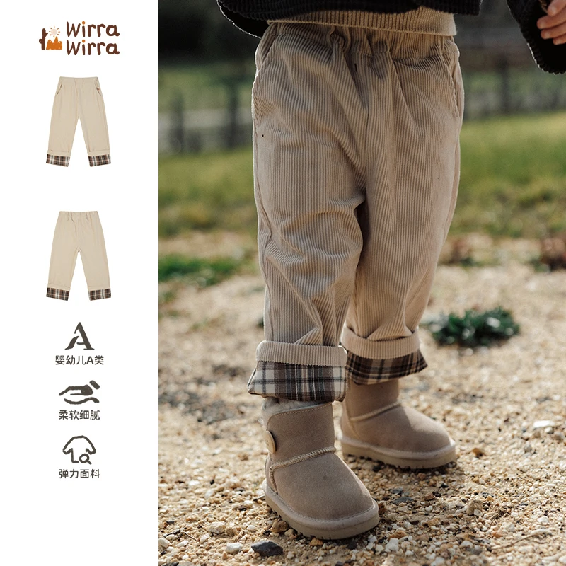 WirraWirra冬季软糯灯芯绒亲肤耐磨儿童直筒版型格纹卷边长裤
