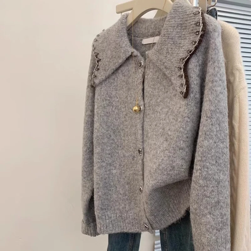 早秋慵懒风灰色娃娃领针织开衫女秋冬韩版宽松毛衣外套气质上衣