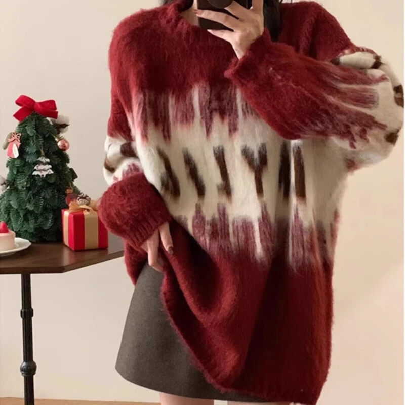 2025新款本命年圣诞宽松慵懒风加厚打底衫针织上衣红色毛衣女春秋