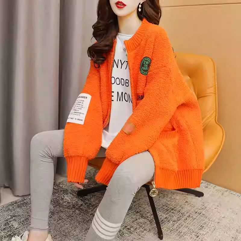 女毛衣开衫棒球服外套2025春秋新款宽松慵懒风毛衣加厚针织上衣