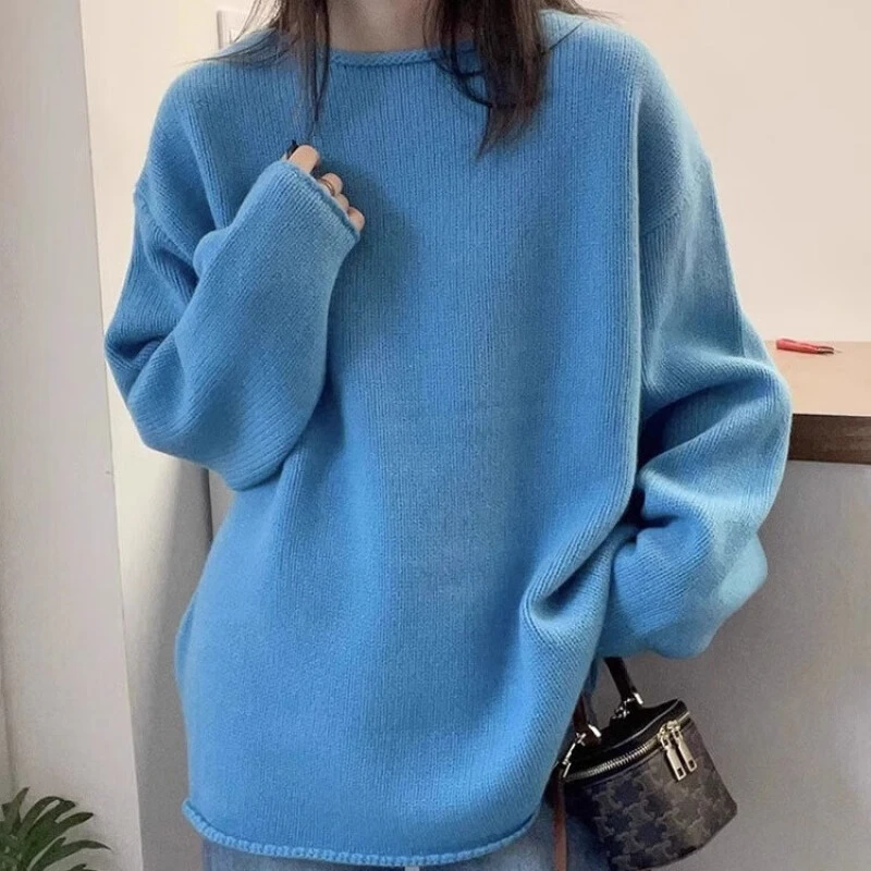 宽松百搭时尚针织衫纯色简约圆领套头针织衫内搭毛衣春秋新款上衣