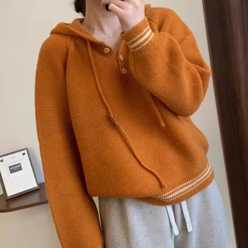学院风连帽套头毛衣女春秋新款休闲宽松软糯慵懒风保暖针织衫上衣