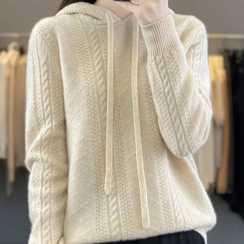 春秋秋冬新款针织衫女纽花纯色连帽卫衣宽松显瘦针织打底衫上衣