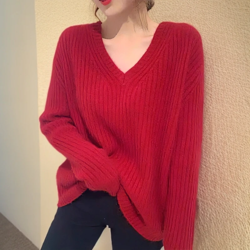 时尚百搭v领打底长袖针织衫女2025新款显瘦纯色慵懒宽松气质网红