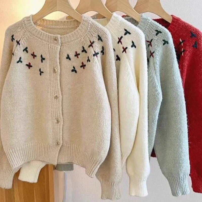 文艺立体刺绣圆领毛衣外套女春秋季新款甜美减龄百搭针织开衫上衣