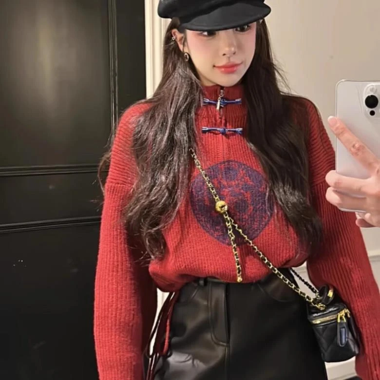 新中式国风针织衫设计感抽绳立领毛衣女款2025新款春秋盘扣上衣潮