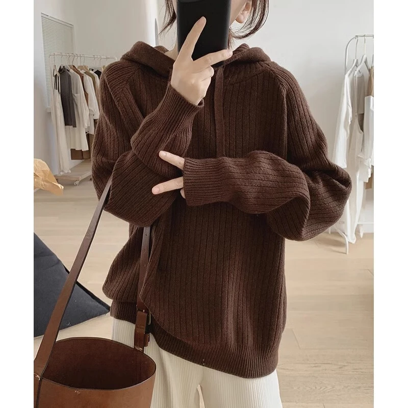 韩版慵懒连帽套头卫衣毛衣女新款宽松显瘦坑条针织衫外穿内搭上衣