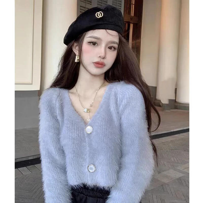 洋气毛绒短款开衫外套毛衣女秋冬外穿2025年新款宽松慵懒风上衣潮