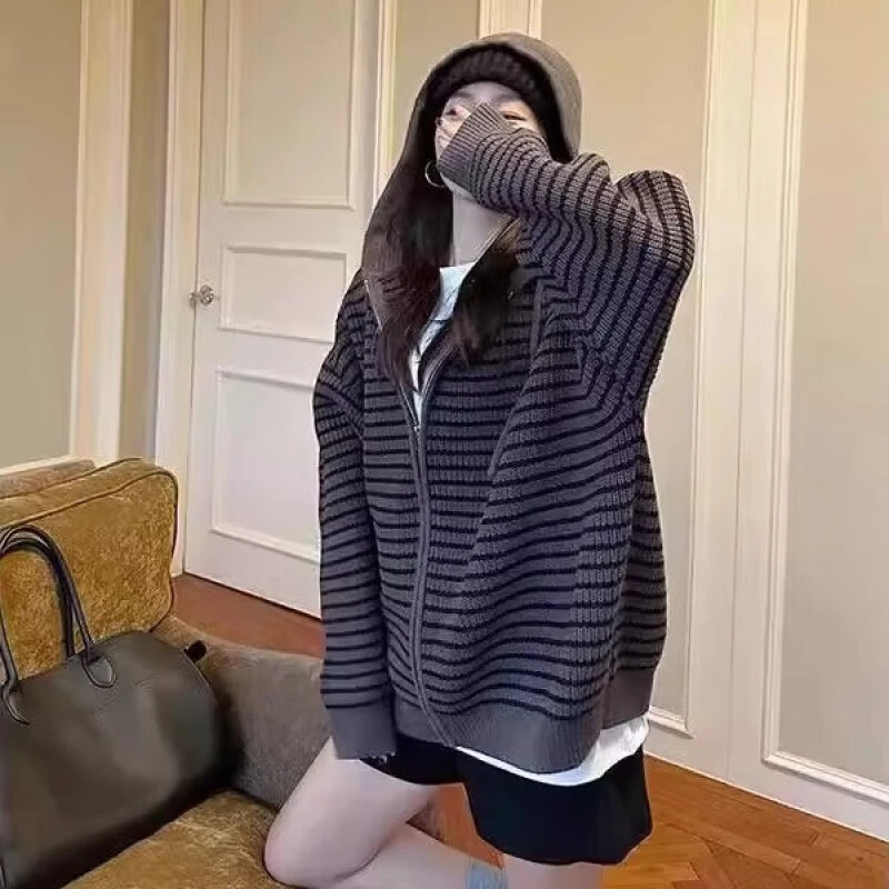 学院风慵懒感条纹秋冬连帽毛衣春秋韩版宽松加厚针织开衫外套上衣