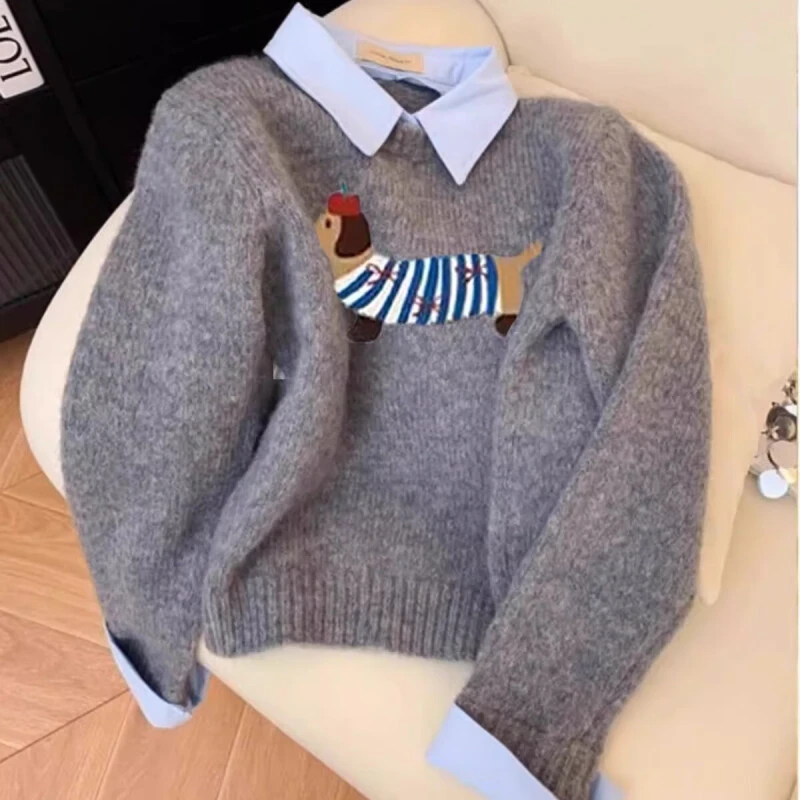 小狗卡通软糯灰色假两件POLO领秋冬针织衫女上衣春秋新款毛衣冬