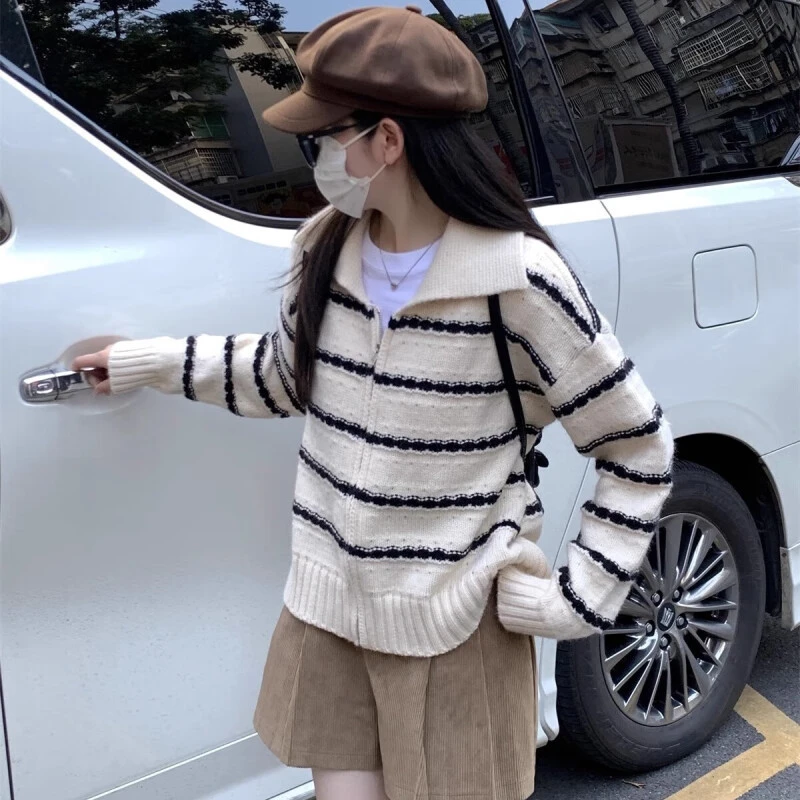 秋季韩版针织衫宽松复古条纹设计感百搭秋冬针织开衫毛衣女外套