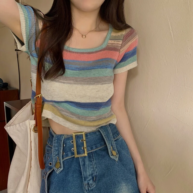 冰丝方领针织短袖T恤女夏季薄款2024年新款显瘦彩虹条纹短款上衣