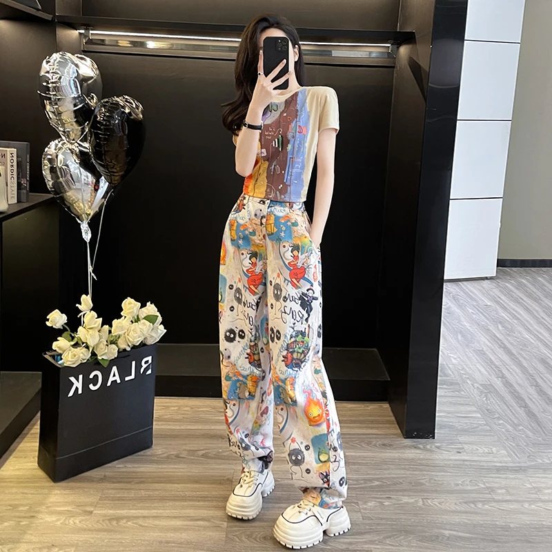 多巴胺时尚休闲运动套装女夏季新款潮牌炸街个性短袖涂鸦牛仔裤装