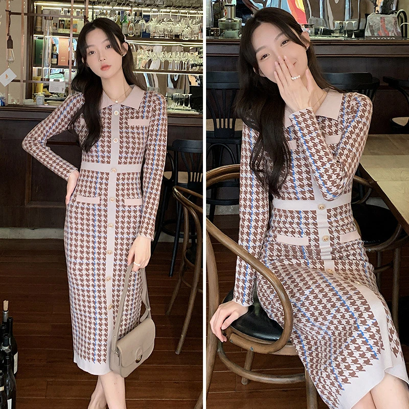 千鸟格名媛针织连衣裙女加厚冬款小香风毛衣法式内搭中长款打底裙