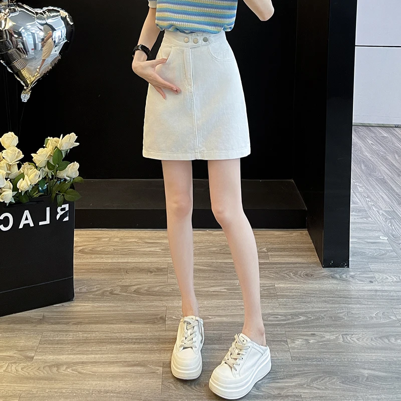 白色牛仔半身裙女夏季薄款2024新款高腰A字包臀裙子条纹针织上衣