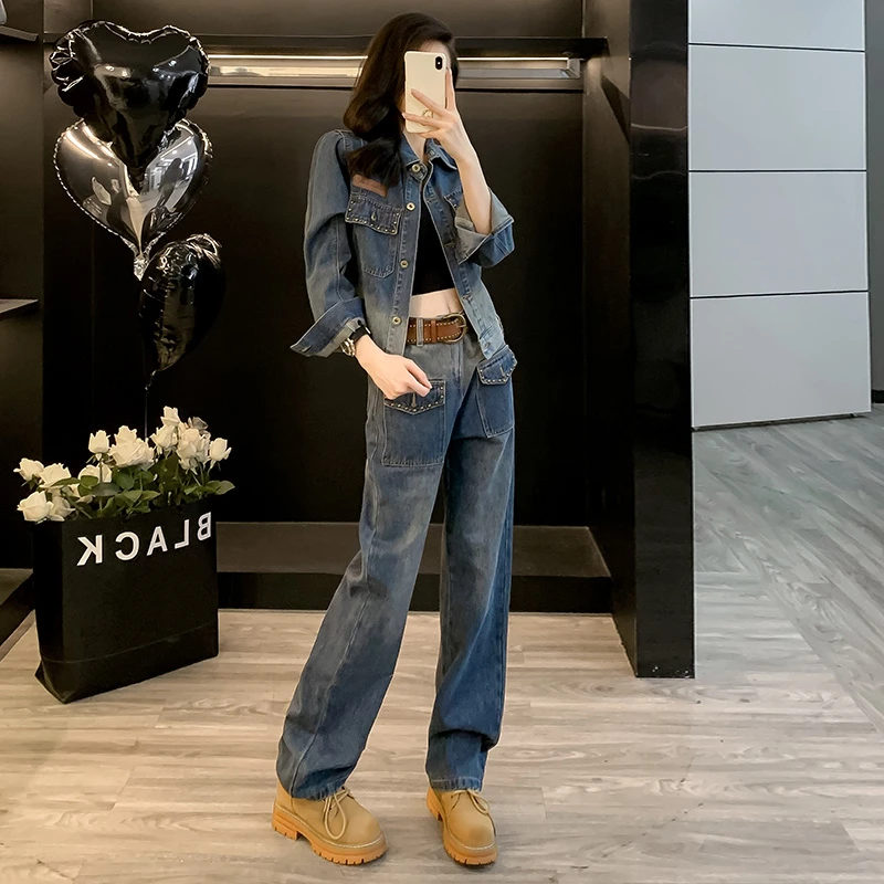 时尚潮流网红牛仔外套女两件套欧美春秋新款洋气减龄时尚直筒套装