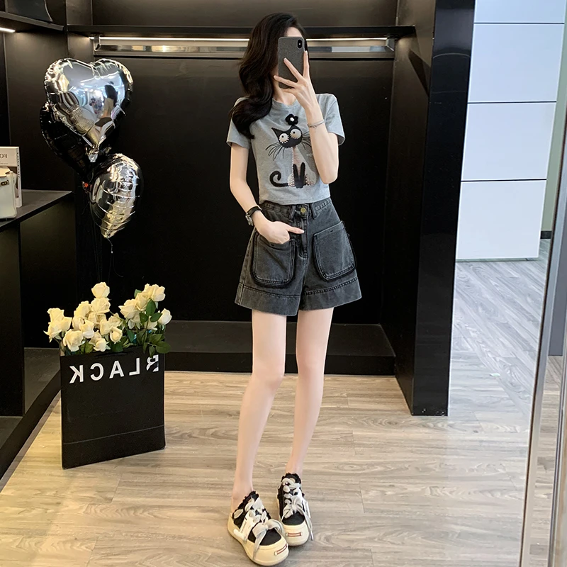 网红爆款休闲运动套装女夏新款小个子穿搭印花短袖阔腿短裤两件套