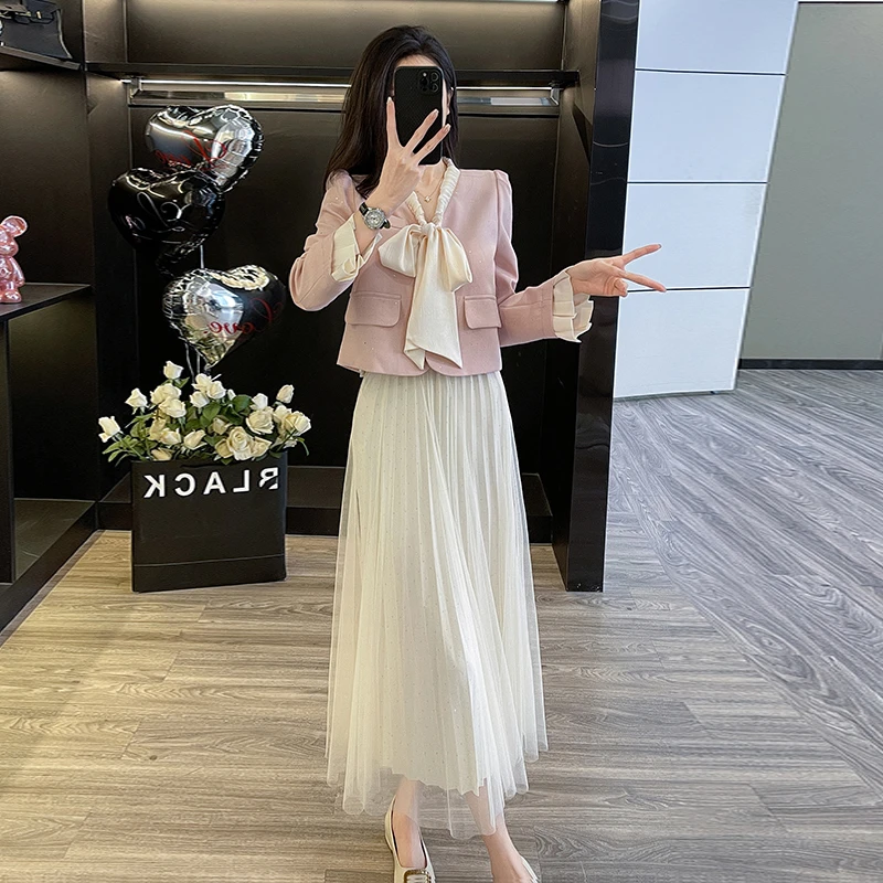 小香风时尚休闲裙套装女秋冬高级感减龄西装外套网纱半身裙两件套