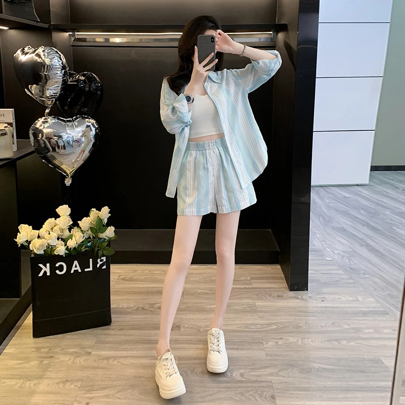 2024夏季新款盐系穿搭休闲运动套装女蓝色防晒长袖衬衫短裤两件套